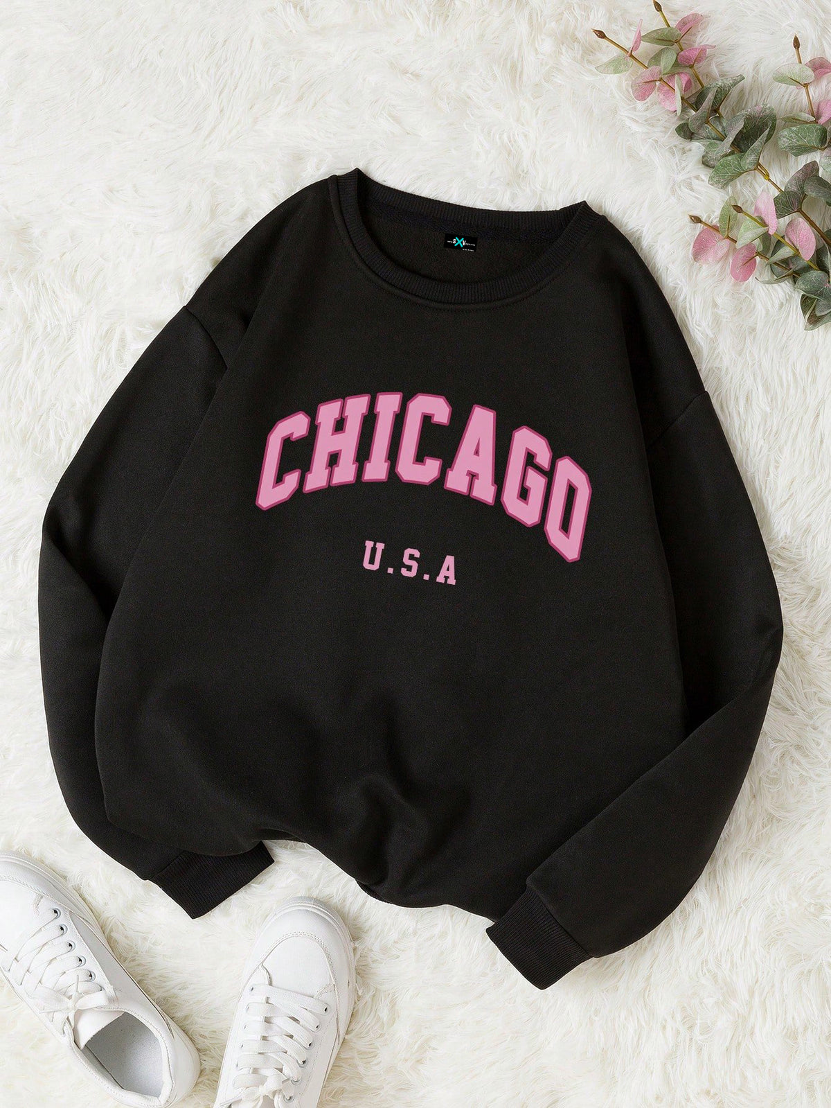 SXV Cicago Letter Graphic Thermal Lined Sweatshirt,Long Sleeve Tops Fall Cloth For Women