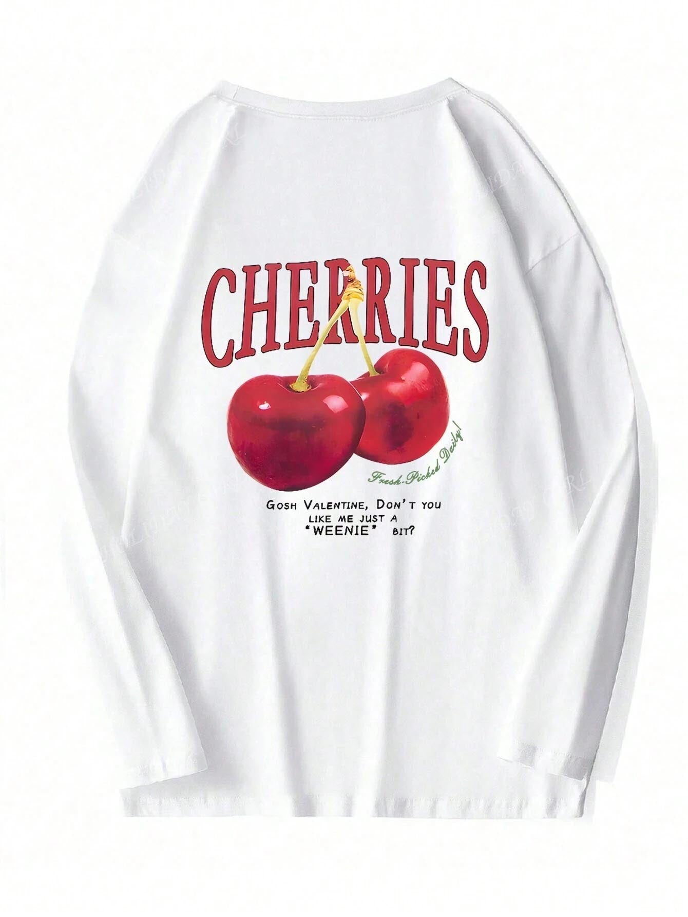 SXV 'cherry’ Printed Cool Aesthetic Drop Shoulder Oversized Baggy Long sleeves T-shirts
