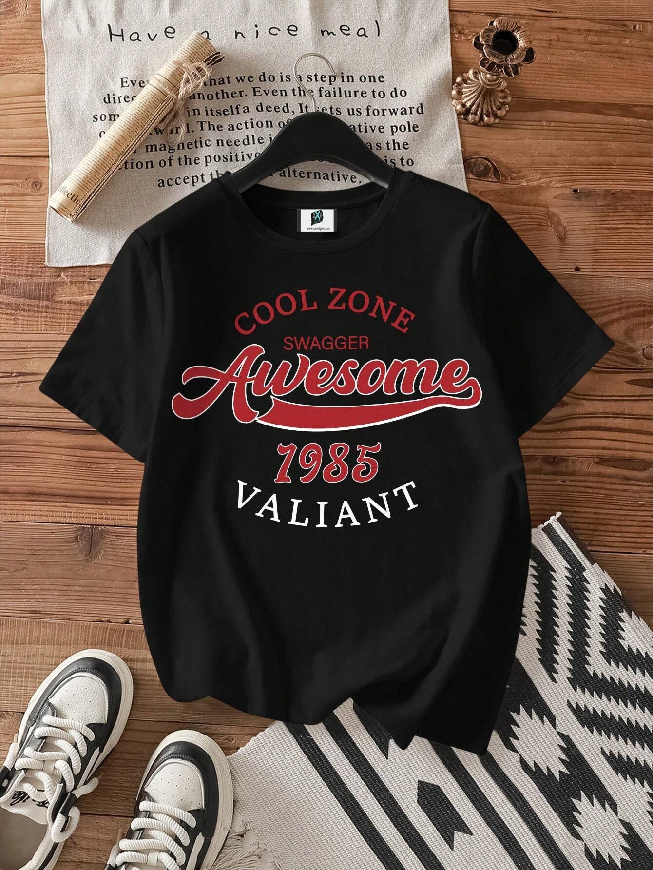 SXV Casual Awesome 1985 English Numeral Print Crew Neck Short