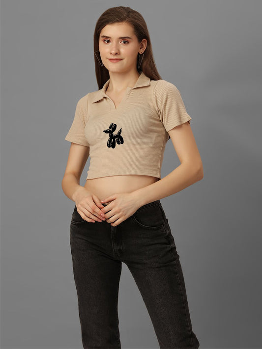 SXV Printed Beige Ribbed Polo collar Crop top