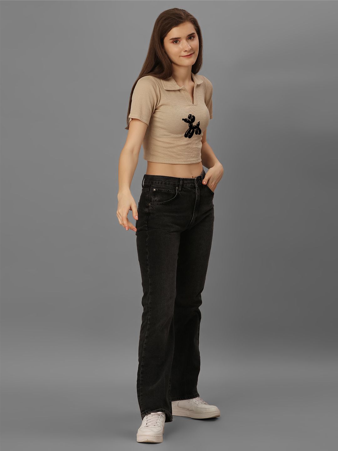 SXV Printed Beige Ribbed Polo collar Crop top