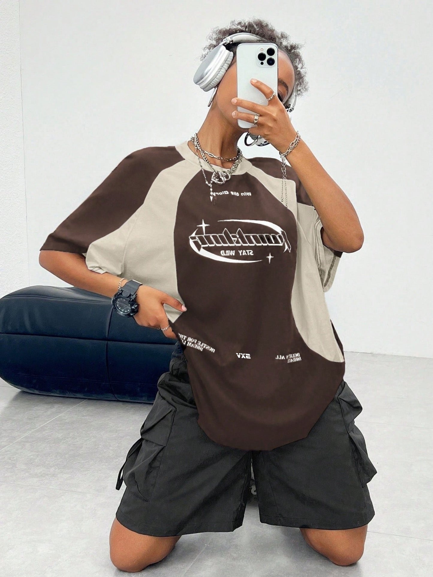 SXV hustle for the dream life cream and brown colourblocked racing baggy tshirt