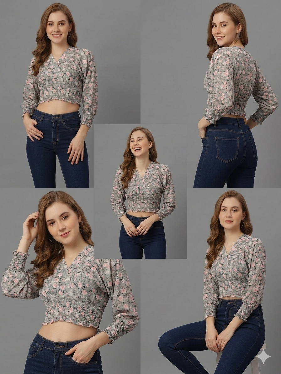 SXV Floral Grey Ruched Blouse Crop Top