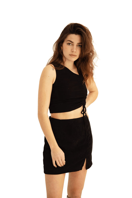 SXV Solid Black front string ashmetric neck Crop Top