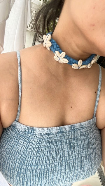 Thread cotton Handmade choker adjustable length necklace blue with kowdi charms