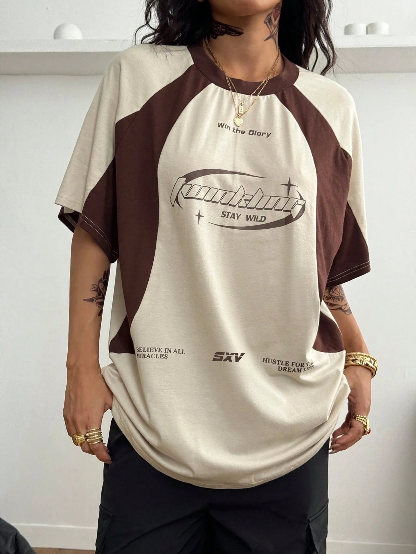 SXV Women's Streetwear Oversized Racing Motorcycle Print Color Block Raglan Sleeve Jersey T-Shirt