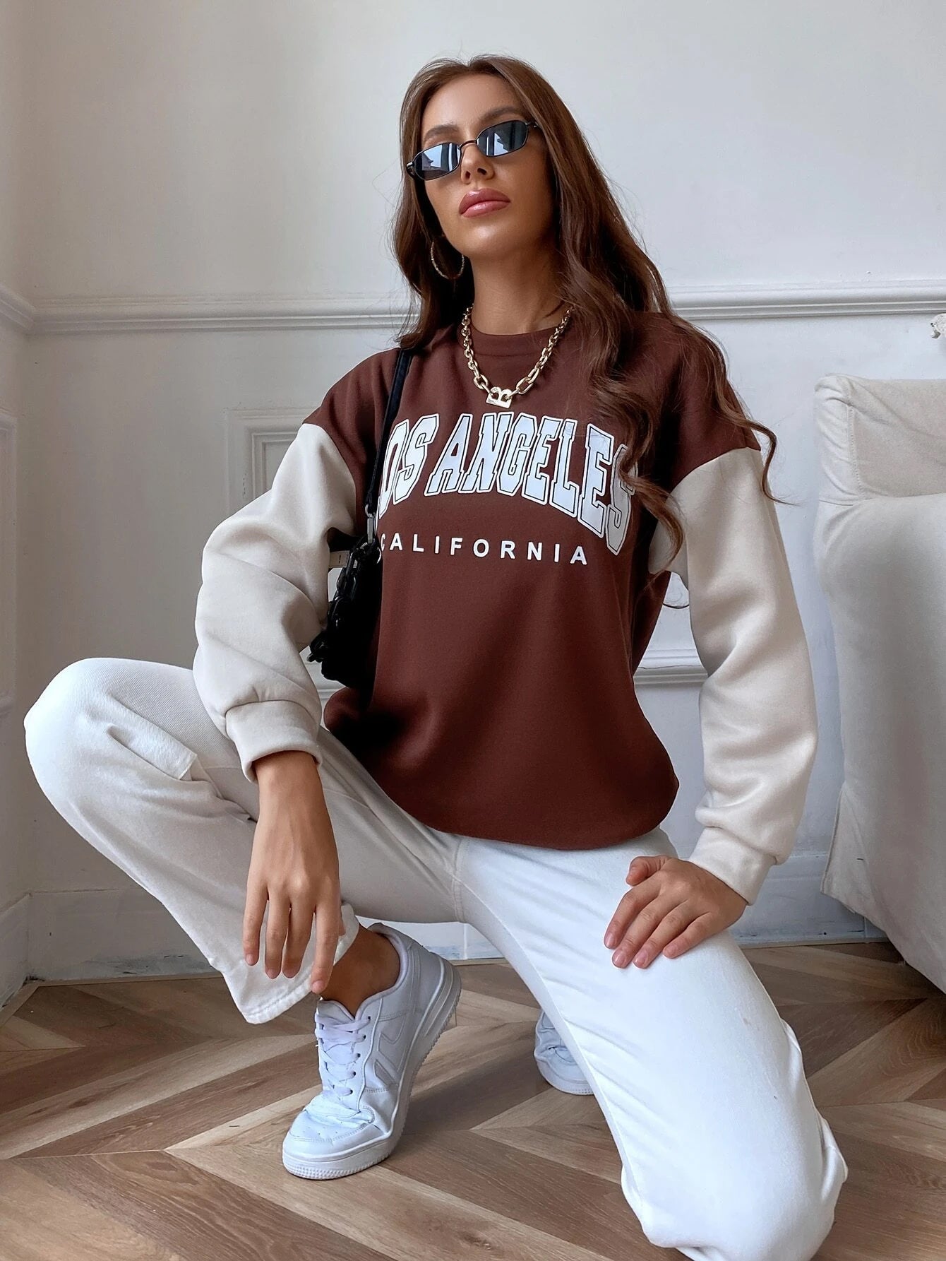 SXV 'LOS ANGELES california’ Printed Cool Aesthetic Drop Shoulder Oversized Color blocked Sweatshirt