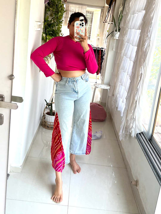 Bandhani side slit denim jeans indo western look for Navratri