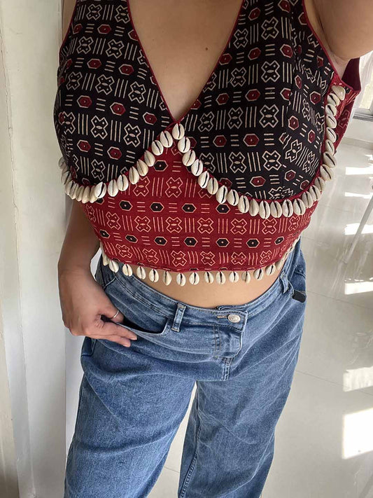 SXV cotton kutchi work ajrakh cowrie shells blouse choli for navratri