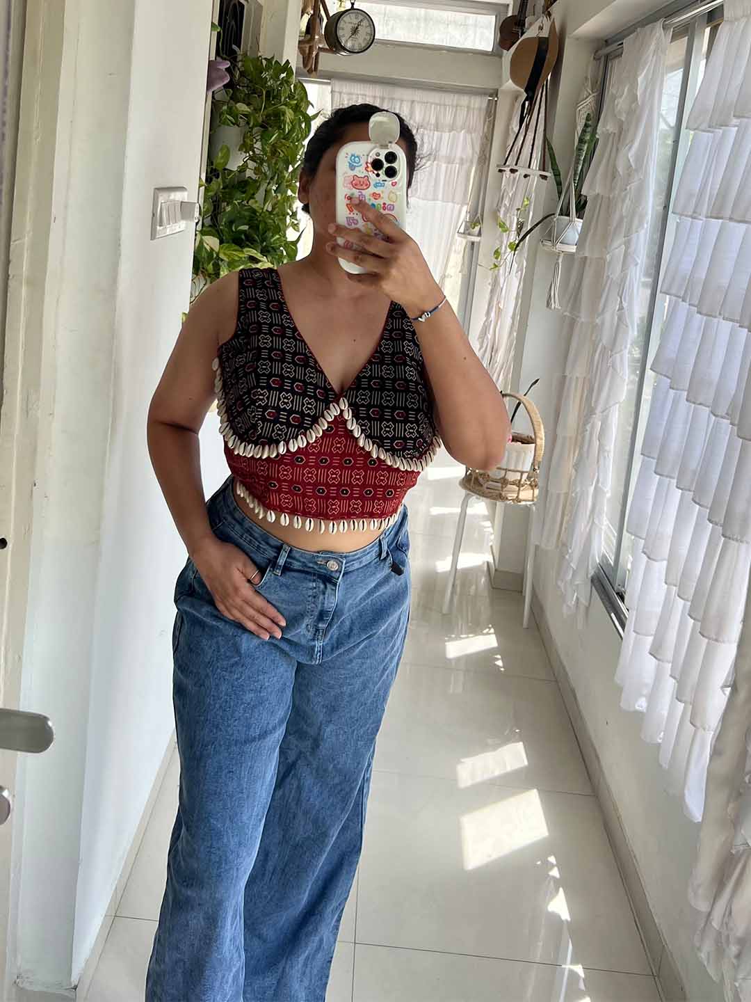 SXV cotton kutchi work ajrakh cowrie shells blouse choli for navratri