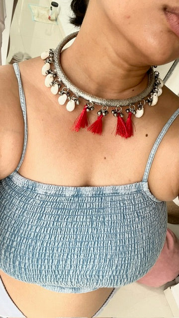 silver oxidized kodi seashell hasli choker for navratri