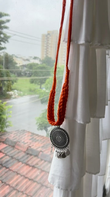 silver oxidized orange thread choker adjustable length necklace for navratri