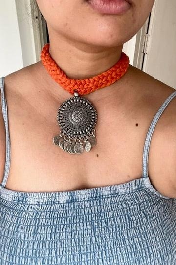 silver oxidized orange thread choker adjustable length necklace for navratri