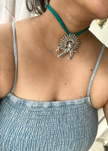 Thread cotton Handmade choker adjustable length necklace tealgreen with krishna charm