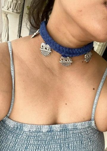 Thread cotton Handmade choker adjustable length necklace blue with elephants charms