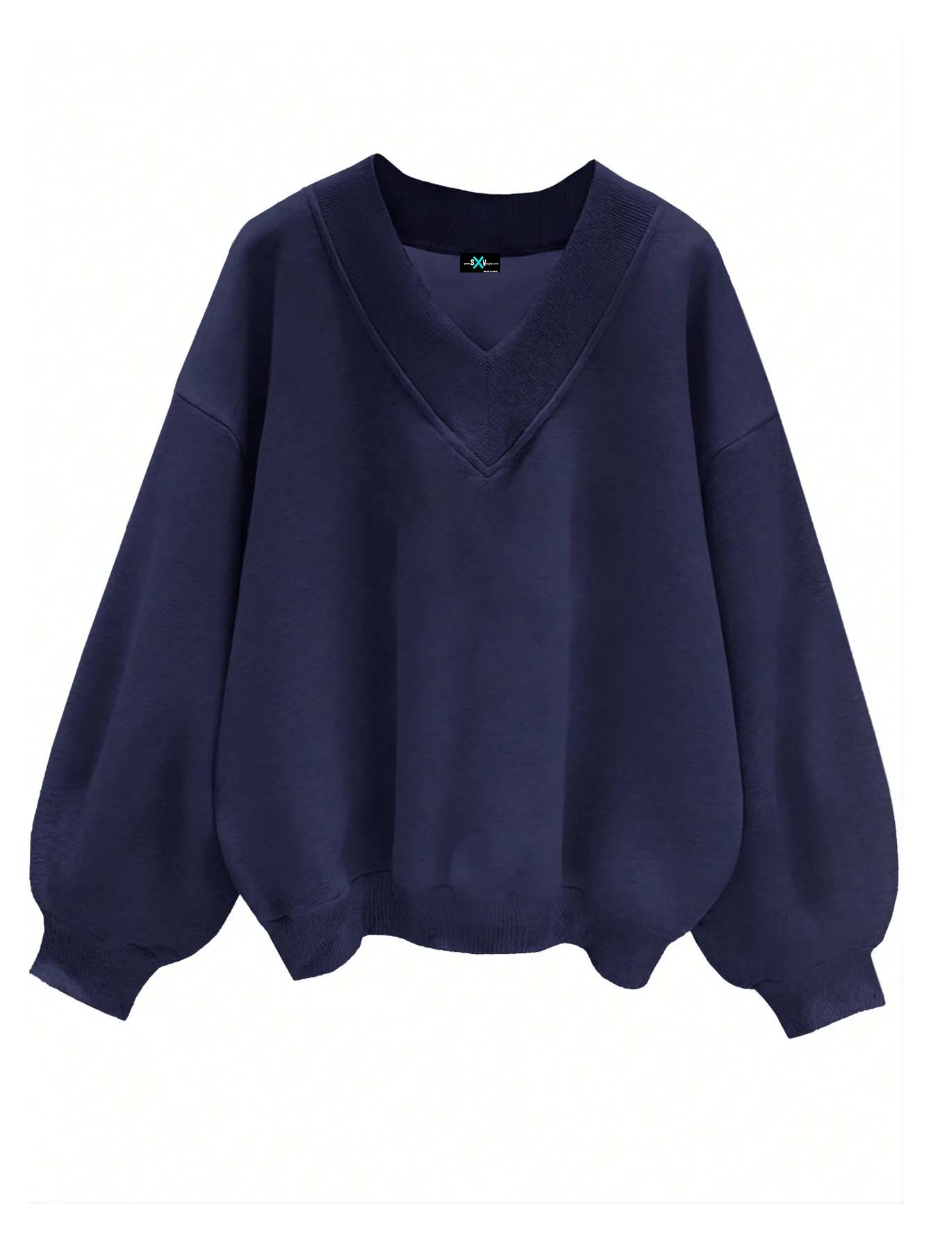 SXV V neck Letter Graphic Drop Shoulder Navy Blue Baggy Oversized Sweatshirt