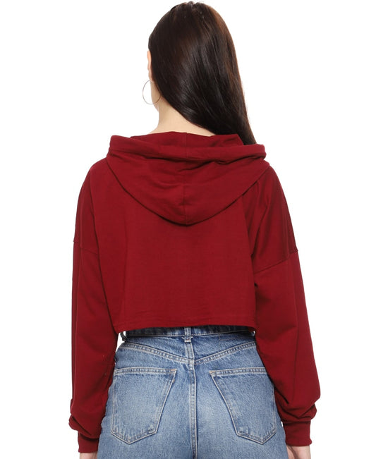 SXV Solid Plain Maroon Cropped Hoodie