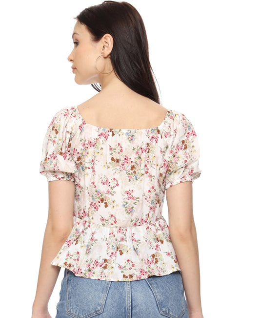 SXV Floral Printed Puff Sleeves Peplum Top