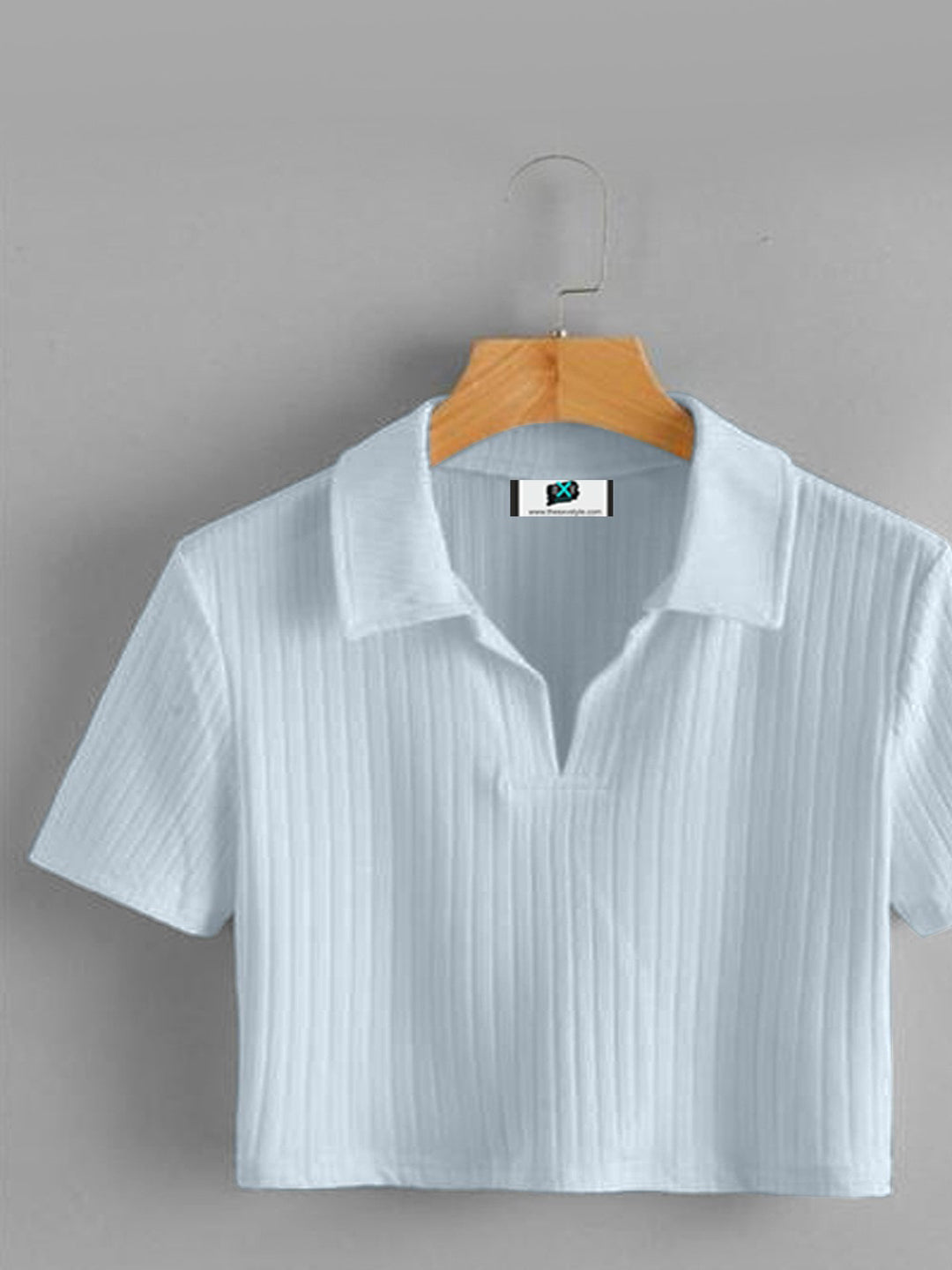 SXV skyblue Ribbed Polo collar Crop t-shirt
