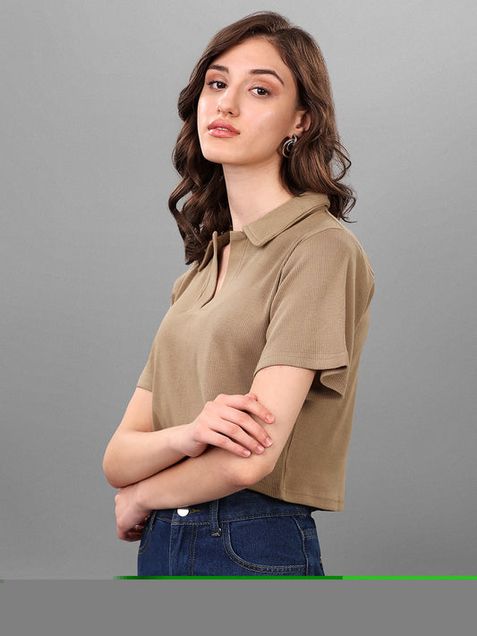 SXV Lightbrown Ribbed Polo collar Crop top
