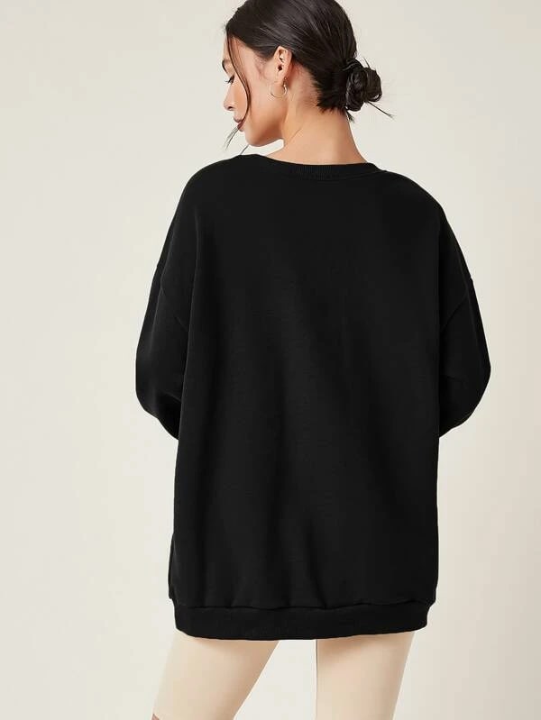 SXV Black Plain Round Neck Drop Shoulder Solid Oversized Sweatshirt