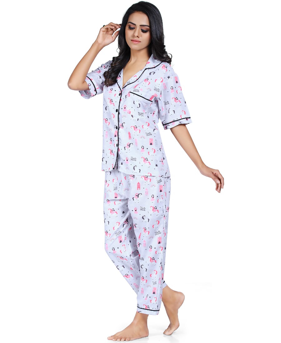 SXV Women's Cotton Printed Night Suit Pyjama Set Unicorn