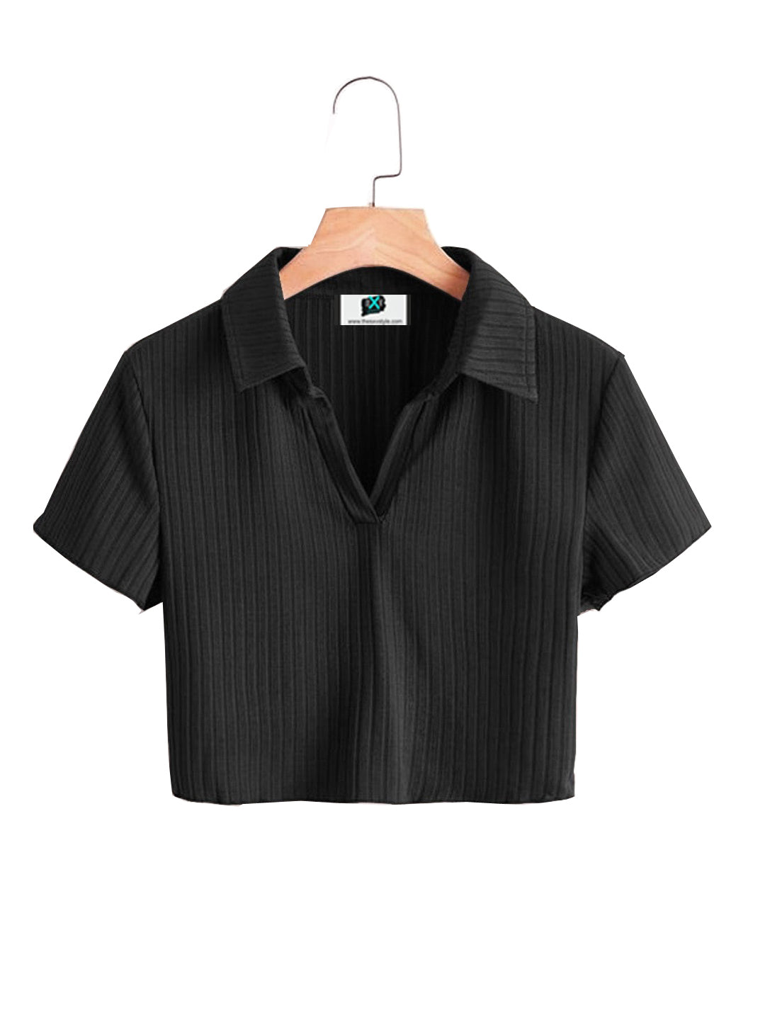 SXV Black Ribbed Polo collar Crop t-shirt