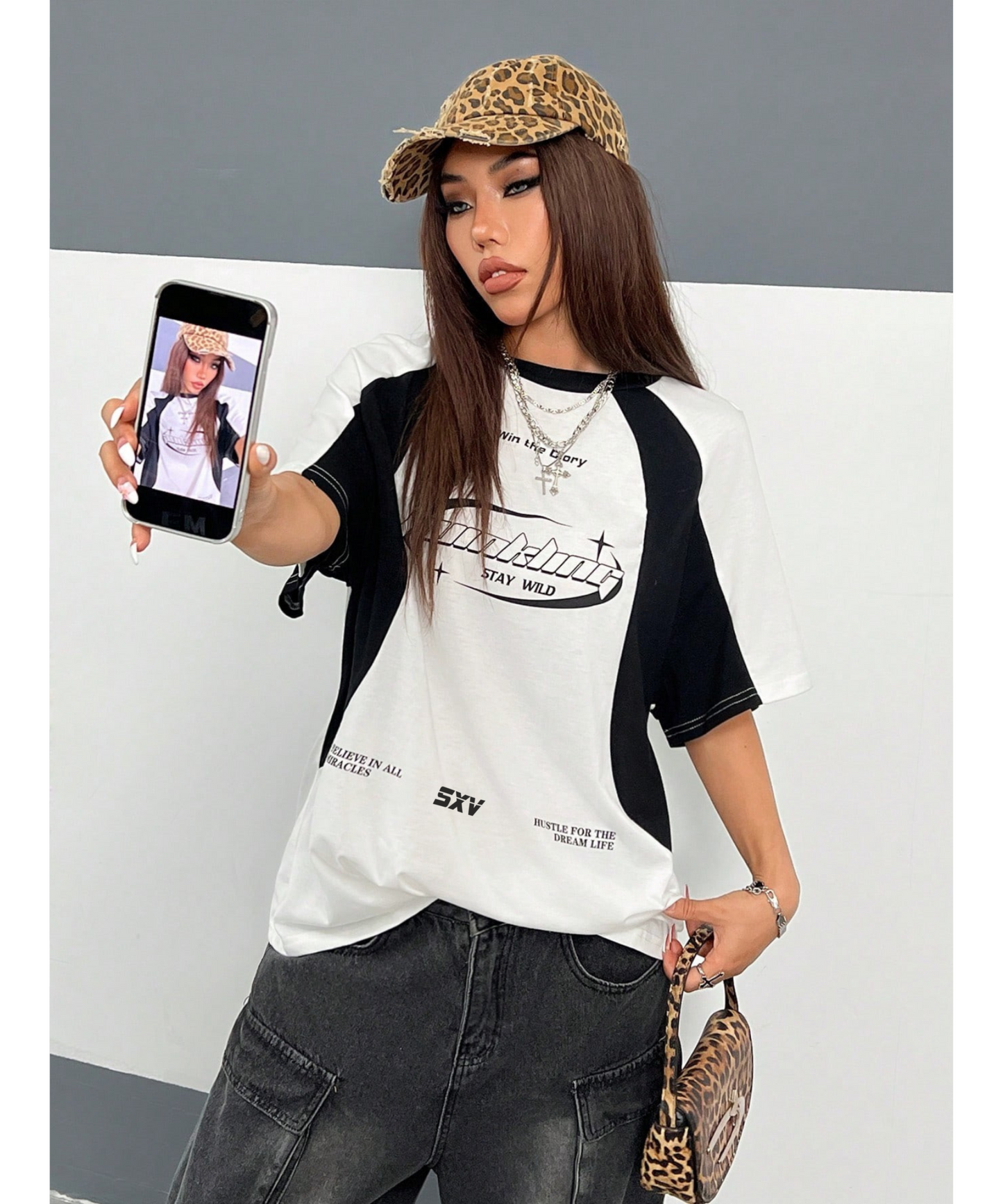 SXV Hustle for The Dream Life Printed black and white colourblocked streetwear racing Oversized Baggy Cotton T-Shirt