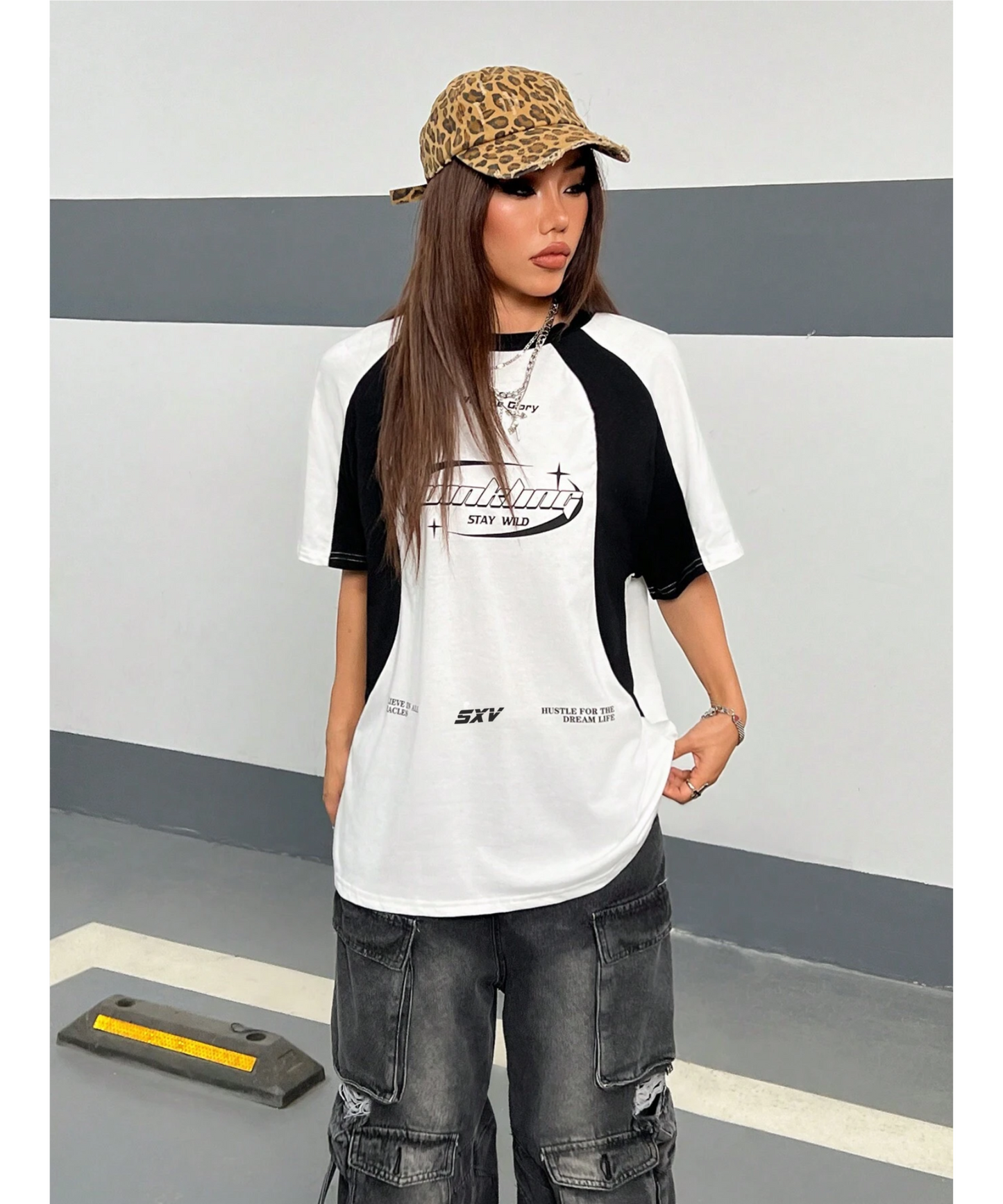 SXV Hustle for The Dream Life Printed black and white colourblocked streetwear racing Oversized Baggy Cotton T-Shirt
