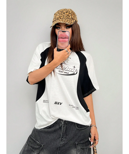 SXV Hustle for The Dream Life Printed black and white colourblocked streetwear racing Oversized Baggy Cotton T-Shirt