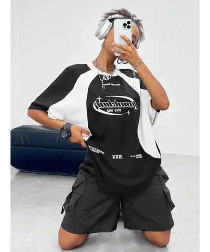 SXV  'Hustle dream’ Printed Cool Aesthetic colorblocked racing Oversized Baggy T-shirt