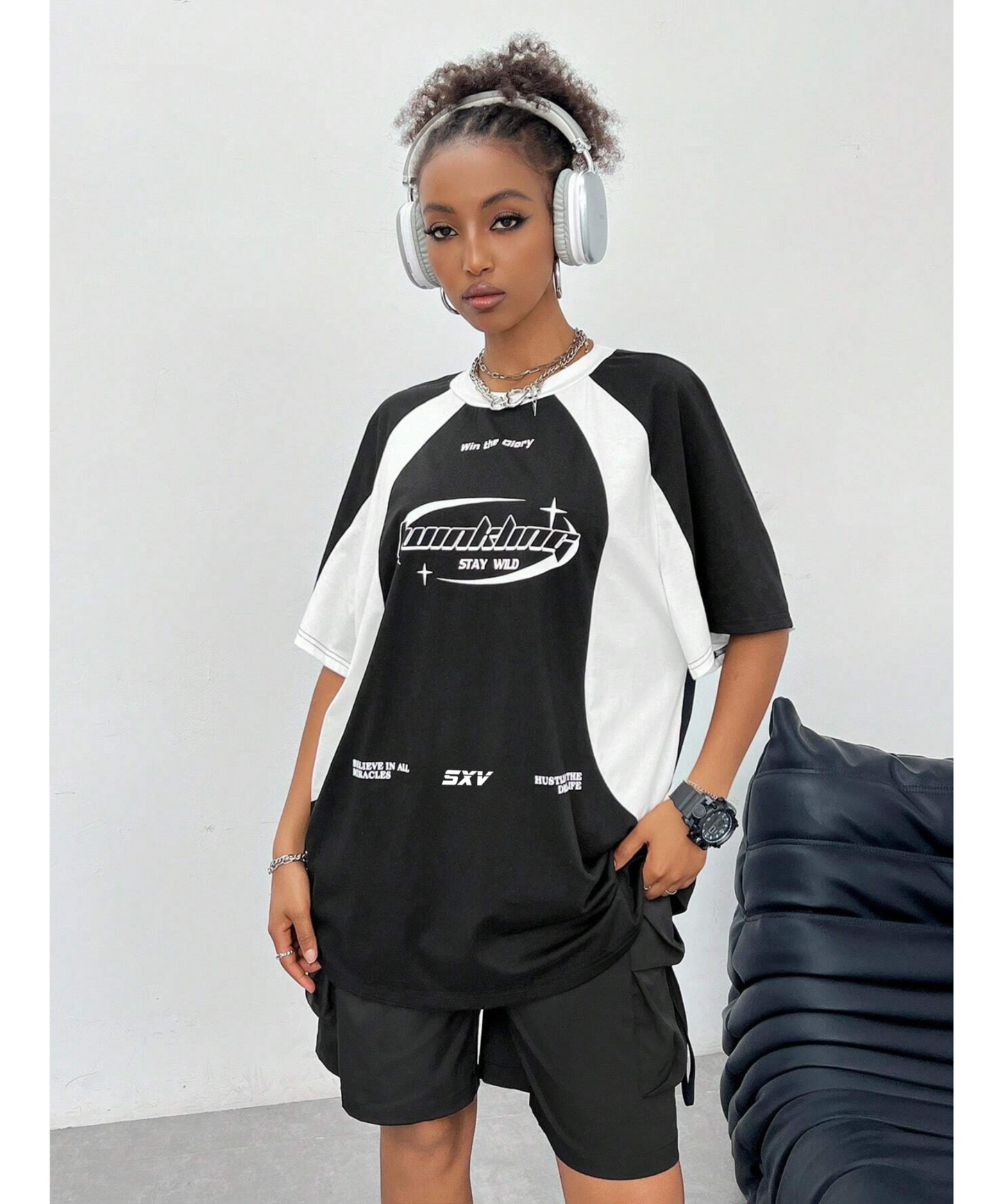 SXV  'Hustle dream’ Printed Cool Aesthetic colorblocked racing Oversized Baggy T-shirt