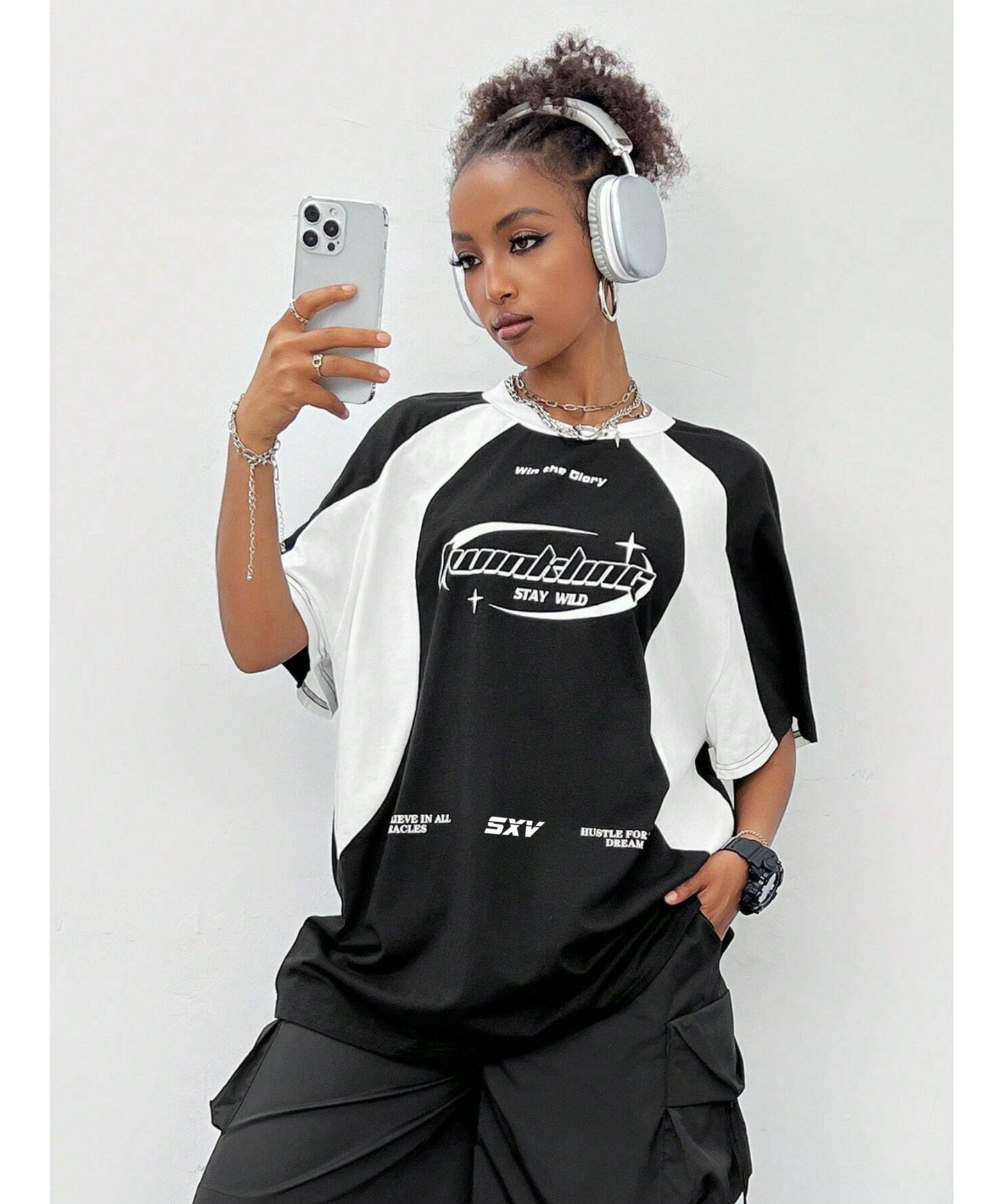 SXV  'Hustle dream’ Printed Cool Aesthetic colorblocked racing Oversized Baggy T-shirt