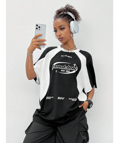 SXV  'Hustle dream’ Printed Cool Aesthetic colorblocked racing Oversized Baggy T-shirt