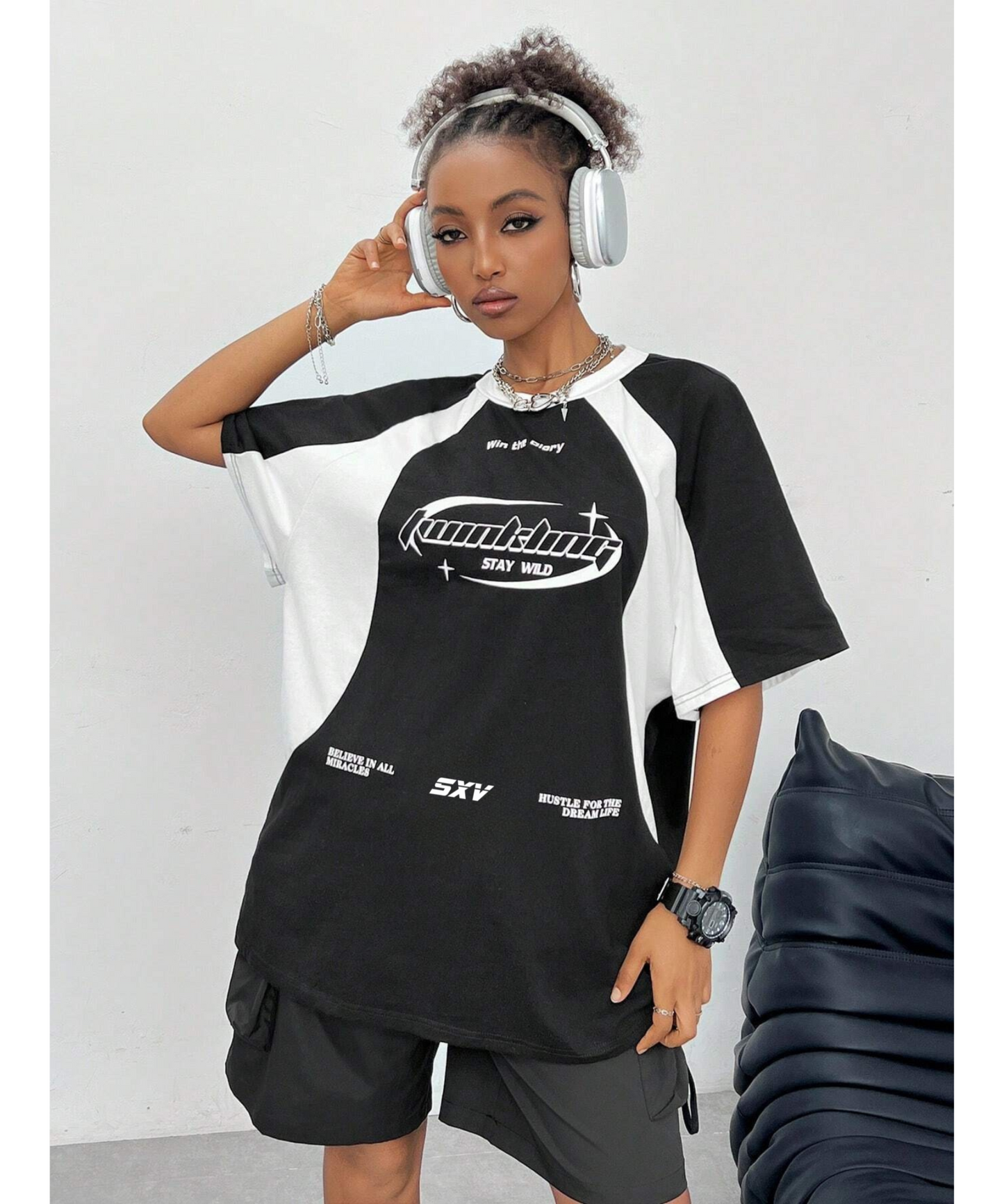 SXV  'Hustle dream’ Printed Cool Aesthetic colorblocked racing Oversized Baggy T-shirt