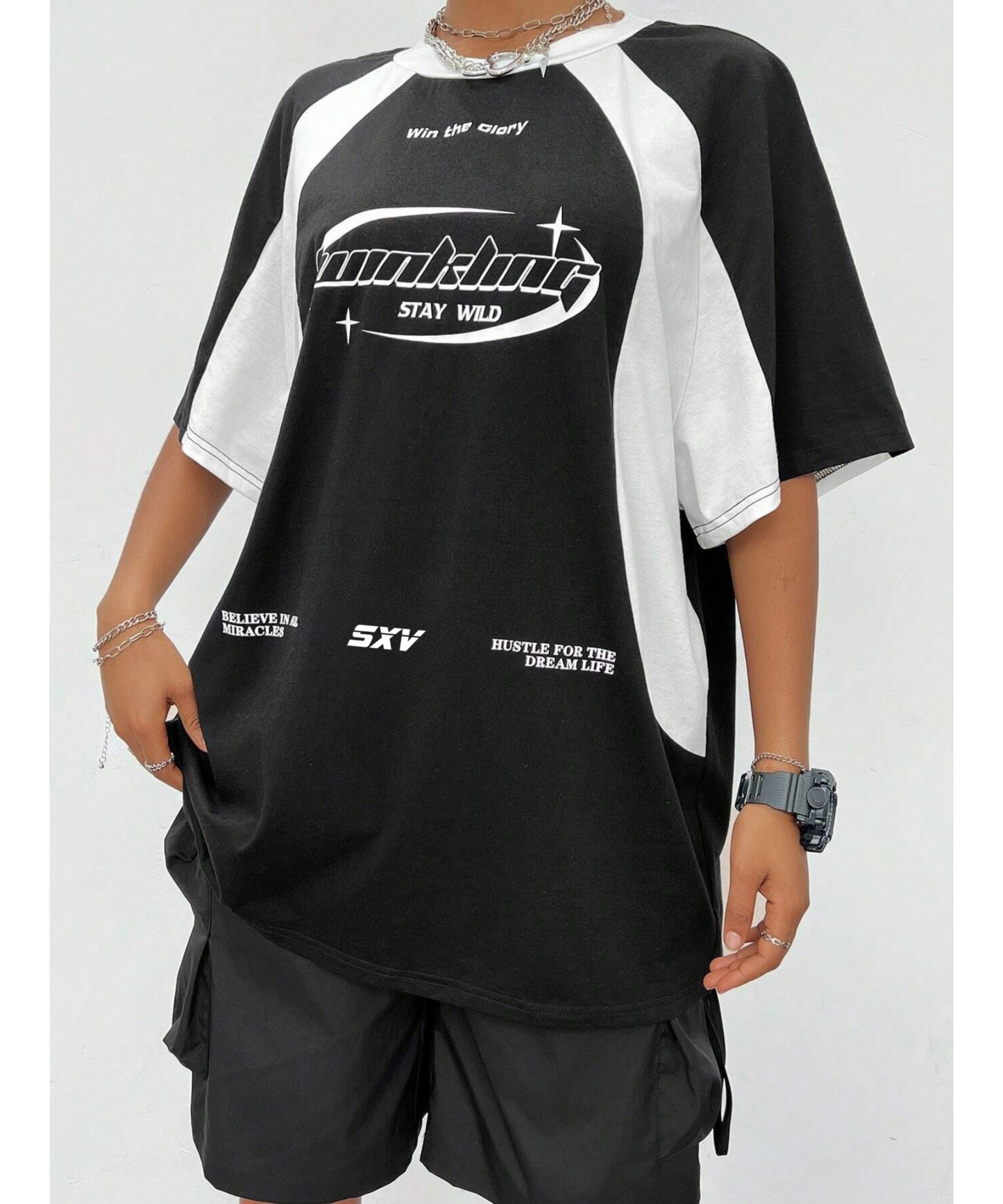 SXV  'Hustle dream’ Printed Cool Aesthetic colorblocked racing Oversized Baggy T-shirt