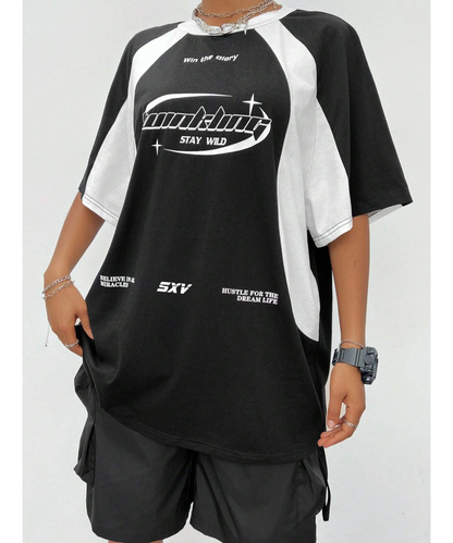 SXV  'Hustle dream’ Printed Cool Aesthetic colorblocked racing Oversized Baggy T-shirt