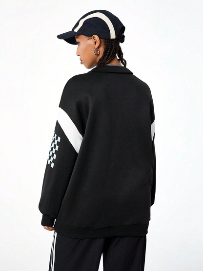 SXV Streetwear Going Out Sportswear Athleisure Back To School Casual Color-Blocked Letter Print Long Sleeve Black Sweatshirt