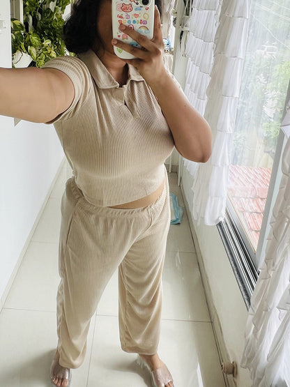 SXV Basic CO-ORDS set : Beige Ribbed crop top And Trouser Combo