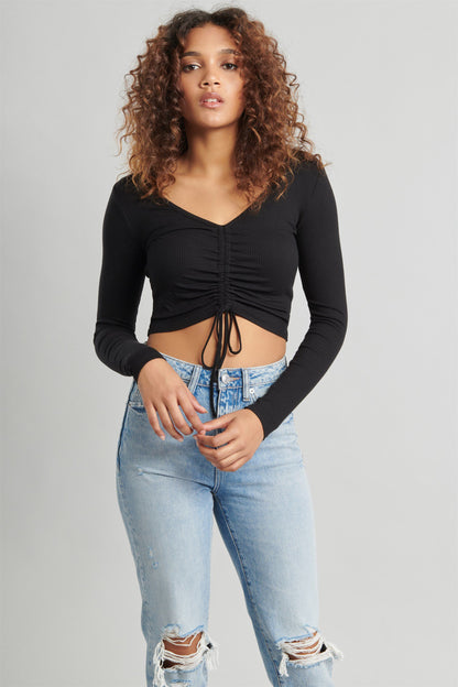 SXV Solid Black v-neck fullsleeve Drawstring Ribbed Crop Top