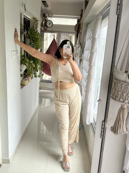 SXV Basic CO-ORDS set : Beige Ribbed crop top And Trouser Combo