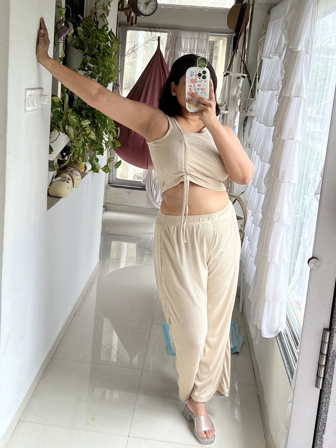 SXV Basic CO-ORDS set : Beige Ribbed crop top And Trouser Combo