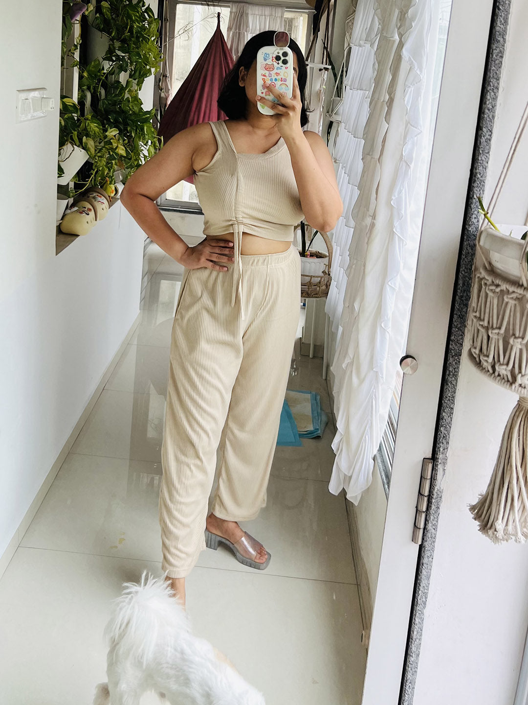 SXV Basic CO-ORDS set : Beige Ribbed crop top And Trouser Combo