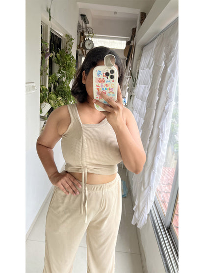 SXV Basic CO-ORDS set : Beige Ribbed crop top And Trouser Combo