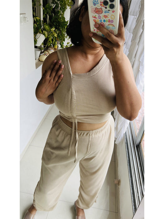 SXV Basic CO-ORDS set : Beige Ribbed crop top And Trouser Combo