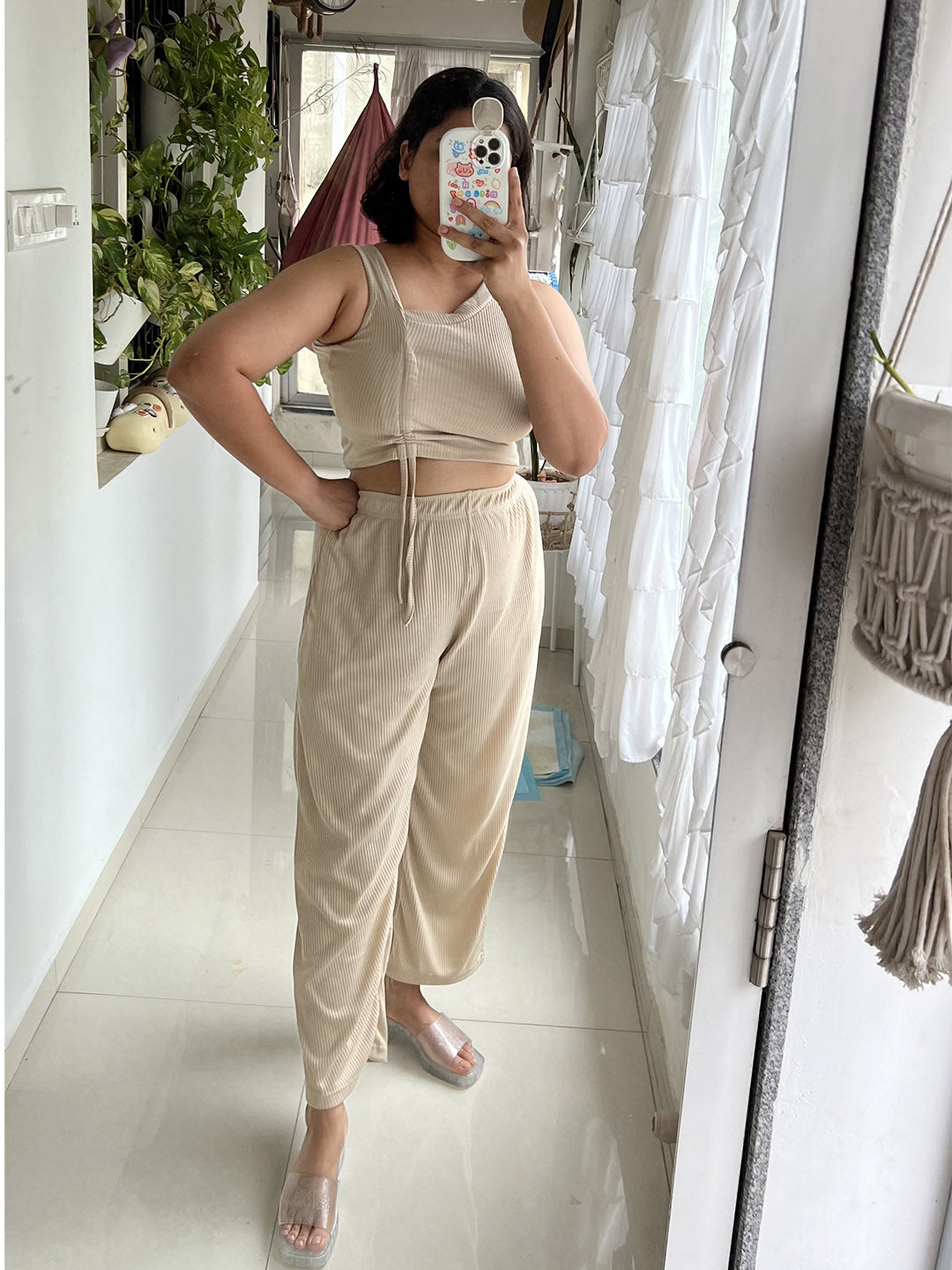 SXV Basic CO-ORDS set : Beige Ribbed crop top And Trouser Combo