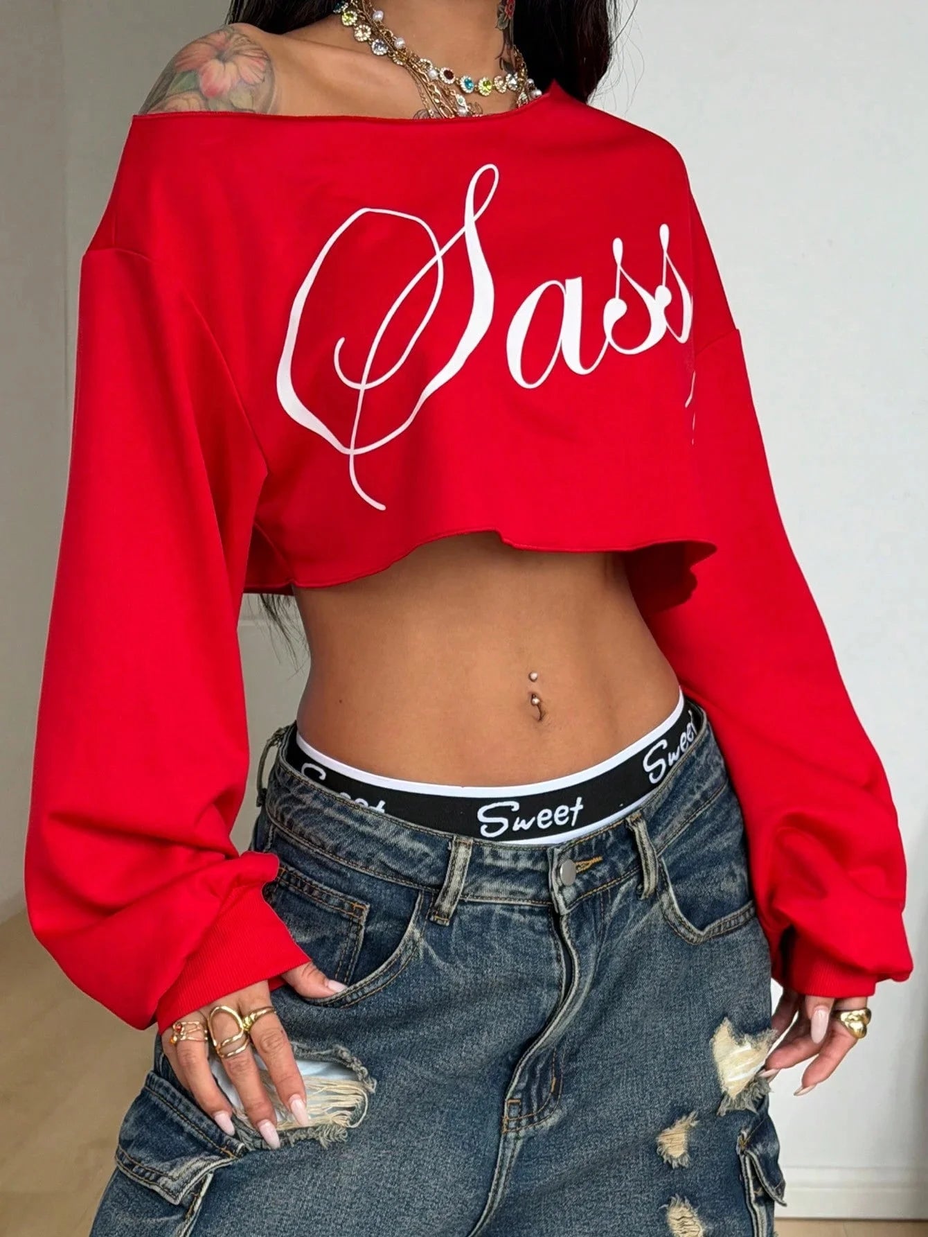 SXV Winter Going Out Streetwear Rave Cowgirl Sportswear Casual Music Festival Graphics Cropped Over Size Asymmetrical Neck Off Shoulder White Long Sleeve T-Shirt