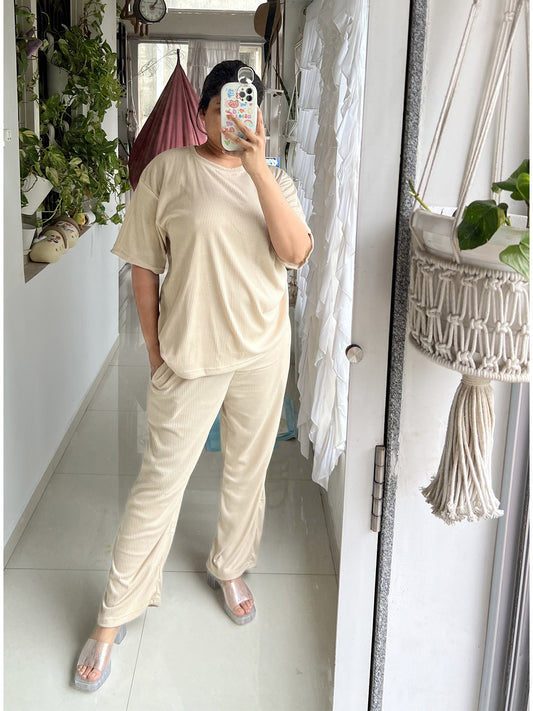 SXV Basic CO-ORDS set : Beige Ribbed oversized t-shirt And Trouser Combo