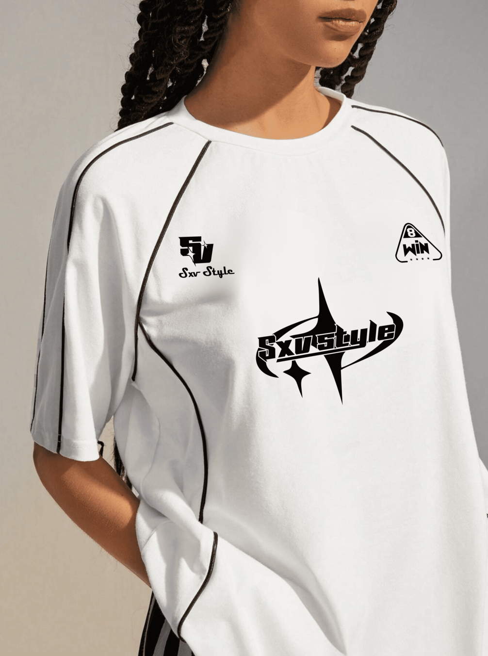 SXV STYLE Women's Street-Style Y2K Cool Event Letter Printed Color-Blocked Racing Short Sleeve Black T-Shirt