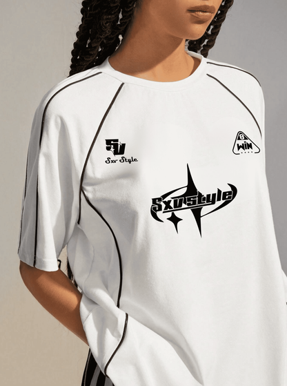 SXV STYLE Women's Street-Style Y2K Cool Event Letter Printed Color-Blocked Racing Short Sleeve Black T-Shirt